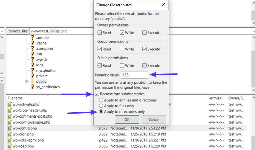 Permisos de archivo para directorios de WordPress